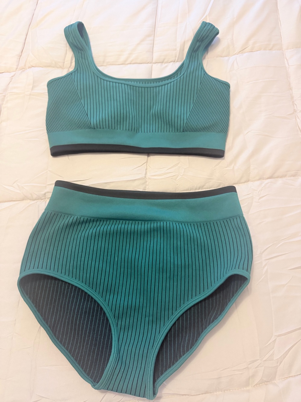 2 piece Seamless Ribbed Teal High-Waist Bikini Set size large